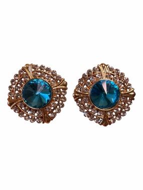 Gold-Tone Blue Crystal Filigree Stud Earrings